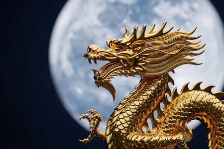 Lunar Dragon rendered in gold material highlighting the scales and mythical form a traditional oriental zodiac symbol of fortune.の素材