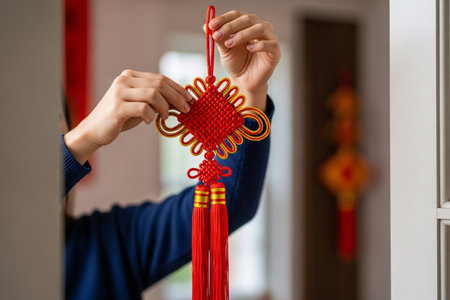 Hands hanging a traditional red knot and tassel decoration onto a frame sharp focus on the silk texture against a blurred festive setting.の素材
