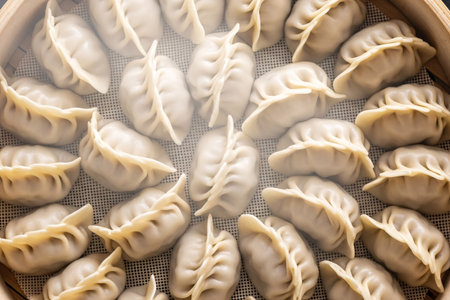 Dumplings or Jiaozi perfectly arranged in a round steamer basket with soft steam gently rising a classic Chinese New Year cookery.の素材