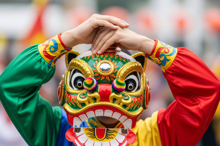 Mask and costume sleeve of an acrobatic performer during a parade ceremony an oriental tradition captured with sharp focus and cinematic bokeh.の素材