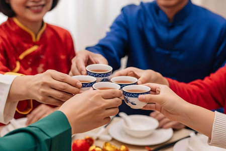 Chinese family members holding tea cups while toasting during a traditional reunion dinner to celebrate the lunar holiday together.の素材