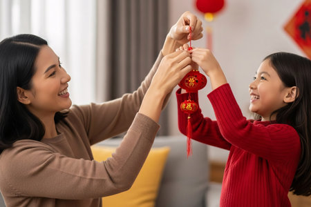 Mother and daughter joyfully decorating their home by gently hanging red ornamental paper decorations for the Lunar New Year.の素材