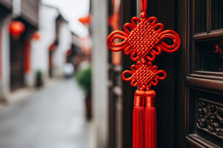 Traditional red silk knot and tassel decorating a dark wooden door with extreme close up on the intricate fabric texture.の素材