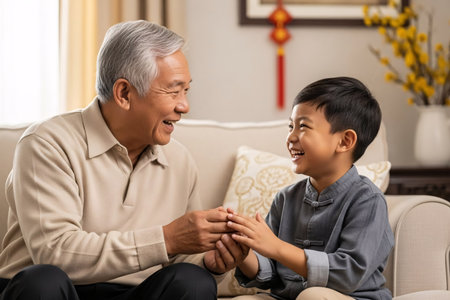 Grandfather and grandson sharing a genuine laugh during a heartwarming Lunar New Year family reunion celebration in an oriental setting.の素材