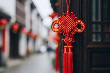 Traditional red silk knot and tassel decorating a dark wooden door with extreme close up on the intricate fabric texture.の素材