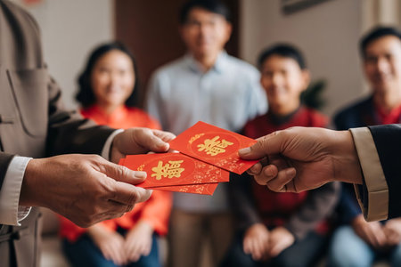 Grandfather's hands gently handing three crisp red packets symbolizing a traditional greeting blessing and luck for the new year.の素材