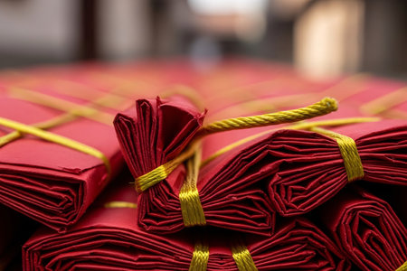 Firecracker stack captured in a close up shot detailing the rough paper texture and unlit fuse creating anticipation for the celebration.の素材