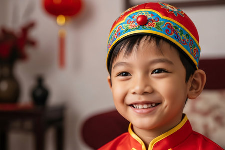 Smiling boy portrait wearing traditional embroidered festive headgear and a bright red top symbolizing happiness for the new year.の素材