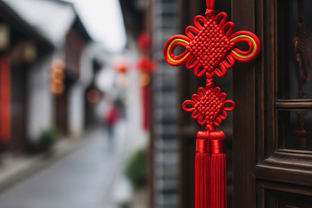 Traditional red silk knot and tassel decorating a dark wooden door with extreme close up on the intricate fabric texture.の素材