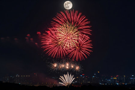 Festive fireworks display captured over a city skyline precisely aligned beneath the visible full moon during the event.の素材