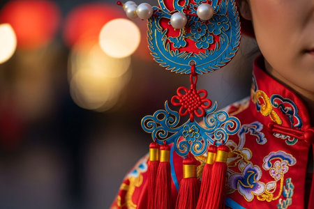 Traditional Chinese costume detail focusing on the rich silk collar and elaborate headgear with meticulous gold embroidery.の素材