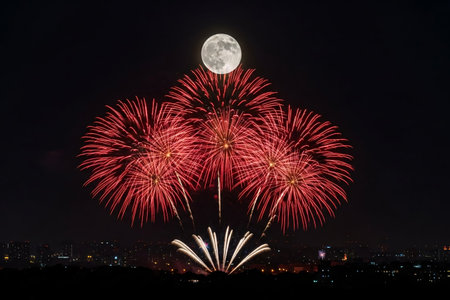 Festive fireworks display captured over a city skyline precisely aligned beneath the visible full moon during the event.の素材