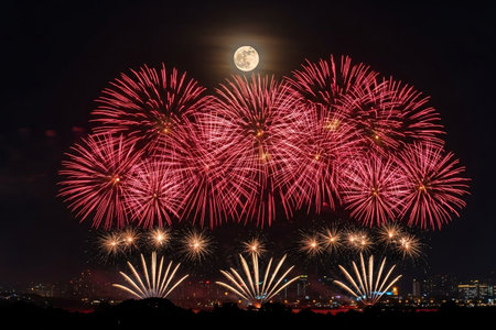 Festive fireworks display captured over a city skyline precisely aligned beneath the visible full moon during the event.の素材