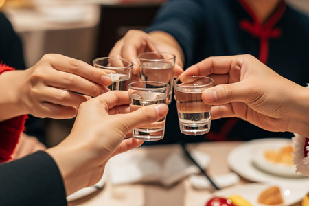 Hands toasting with traditional Chinese liquor glasses during a warm banquet symbolizing reunion and future fortune.の素材