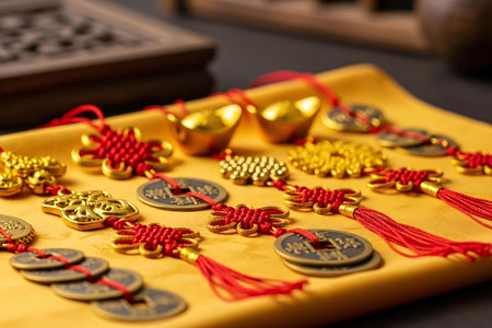 Gold and red oriental ornamental charms neatly arranged on a luxurious silk cloth for festive decorating and cultural tradition.の素材