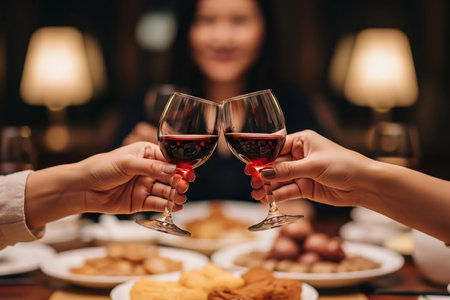 Toast with wine glasses during a Chinese Lunar New Year banquet symbolizing celebration and well wishes for the year.の素材