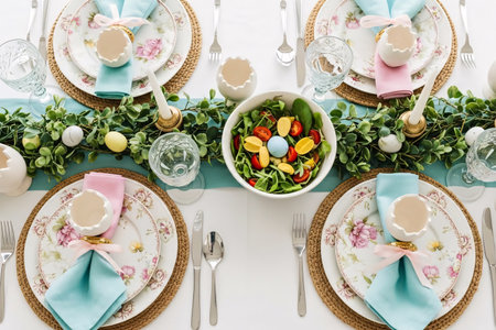 Elegant Easter dinner table featuring floral plates, pastel napkins with ribbon rings, and spring salad, arranged with decorative greenery.の素材