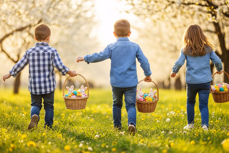 Children running through a spring meadow with baskets filled with pastel eggs, jelly beans, and bunny cookies, creating a joyful Easter atmosphere.の素材
