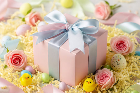 Pastel gift box wrapped with a ribbon and surrounded by shredded paper grass, tiny chick figurines, and pastel roses for a festive Easter still life.の素材