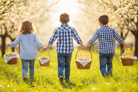 Children running through a spring meadow with baskets filled with pastel eggs, jelly beans, and bunny cookies, creating a joyful Easter atmosphere.の素材