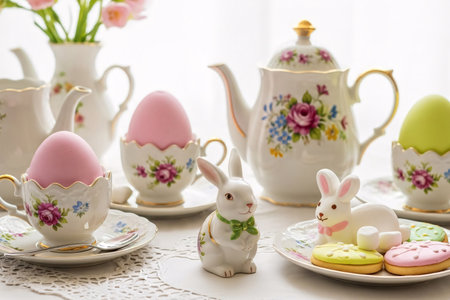 Vintage floral porcelain tea set with Easter treats like egg-shaped cups, pastel cookies, and marshmallow bunnies, arranged on a lace tablecloth.の素材