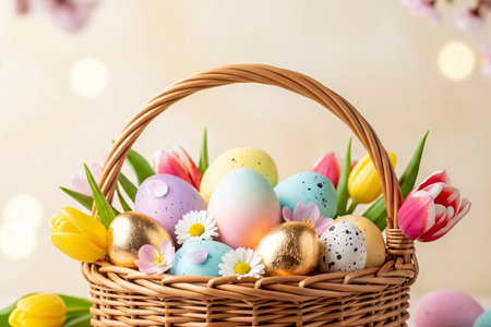 Woven wicker basket filled with pastel eggs, gold-leaf eggs, and spring flowers like tulips and daisies, creating a festive Easter still life scene.の素材