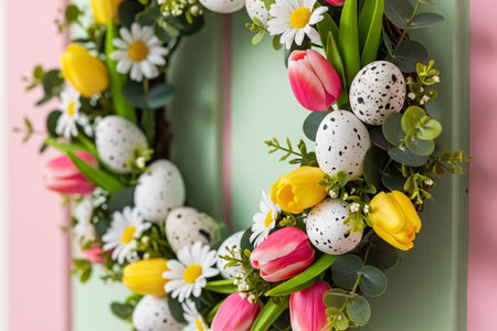 Handcrafted spring wreath made of tulips, daisies, and speckled eggs hanging on a pastel wooden door, creating a warm Easter decoration.の素材
