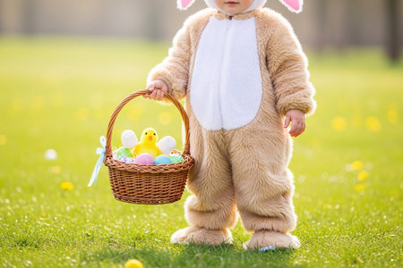 Toddler wearing a fluffy Easter bunny costume, holding a wicker basket filled with pastel eggs and marshmallow chicks in a spring meadow.の素材