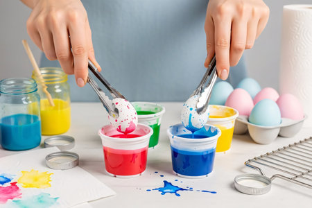 Hands dipping speckled eggs into dye cups using metal tongs, with watercolor splatters, pastel dye jars, and a drying rack on a craft table.の素材