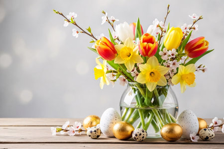 Glass vase filled with tulips, daffodils, and cherry blossoms, surrounded by speckled and gold-leaf eggs on a rustic wooden table.の素材
