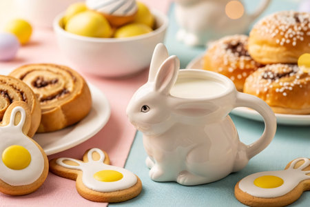 Bunny-shaped cookies, egg cookies, sweet rolls, and a ceramic bunny mug filled with milk, arranged on a pastel tablecloth for a cozy Easter treat.の素材