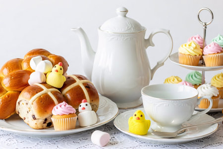 White porcelain tea set with hot cross buns, pastel mini cupcakes, and marshmallow chicks, arranged on a lace tablecloth for an elegant Easter tea.の素材