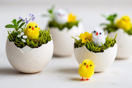 Cracked eggshells used as tiny planters filled with moss, micro flowers, and miniature fluffy chick figurines, creating a creative Easter garden scene.の素材