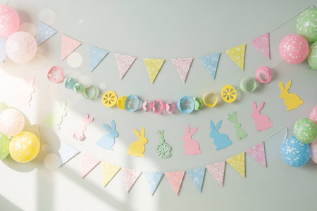Pastel bunting flags, paper garlands, bunny silhouettes, and speckled balloons arranged decoratively on a pastel wall for a festive Easter celebration.の素材