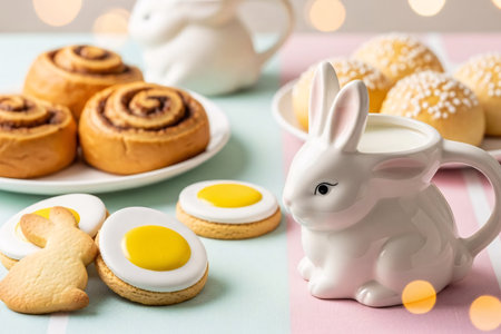 Bunny-shaped cookies, egg cookies, sweet rolls, and a ceramic bunny mug filled with milk, arranged on a pastel tablecloth for a cozy Easter treat.の素材