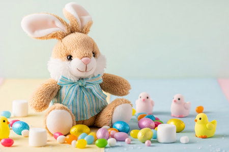 Soft plush bunny toy sitting beside jelly beans, marshmallow chicks, pastel foil eggs, and sugar pearls scattered on a pastel cloth for a cute Easter still life.の素材