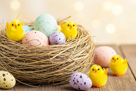 Straw nest filled with speckled eggs, pastel ombre eggs, and tiny fluffy yellow chick figurines, creating a rustic Easter still life scene.の素材