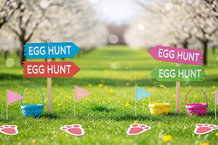 Colorful egg hunt directional signs, bunny footprint stickers, pastel flags, and baskets placed in a bright spring meadow with blooming trees.の素材
