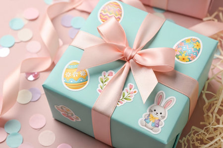 Pastel gift box wrapped with ribbon bow, decorated with bunny and egg stickers, surrounded by pastel confetti and shredded paper for a festive look.の素材