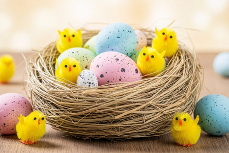 Straw nest filled with speckled eggs, pastel ombre eggs, and tiny fluffy yellow chick figurines, creating a rustic Easter still life scene.の素材