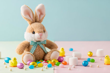 Soft plush bunny toy sitting beside jelly beans, marshmallow chicks, pastel foil eggs, and sugar pearls scattered on a pastel cloth for a cute Easter still life.の素材