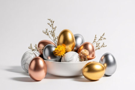 Metallic gold, rose gold, and silver Easter eggs arranged in a minimal ceramic bowl with marble-textured eggs and dried flowers on a white backdrop.の素材