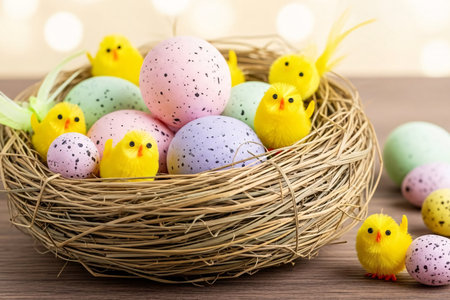 Straw nest filled with speckled eggs, pastel ombre eggs, and tiny fluffy yellow chick figurines, creating a rustic Easter still life scene.の素材