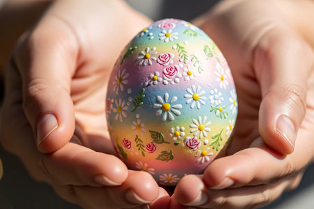Two hands gently holding a pastel egg decorated with delicate floral patterns, with smooth bokeh background and soft daylight for a gentle Easter concept.の素材