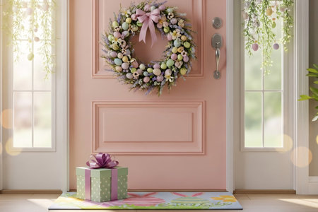 Pastel-colored door decorated with a floral Easter wreath, hanging garlands, and a pastel gift box with ribbon on a themed doormat.の素材