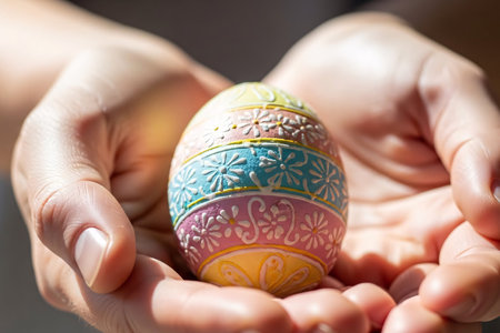 Two hands gently holding a pastel egg decorated with delicate floral patterns, with smooth bokeh background and soft daylight for a gentle Easter concept.の素材