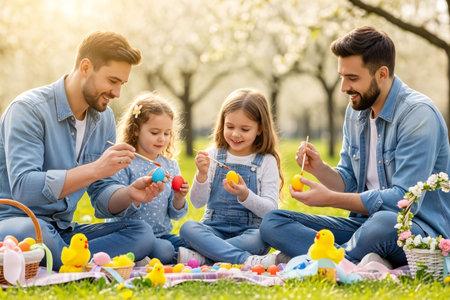 A family enjoying a picnic in the park, painting Easter eggs together, surrounded by blooming trees, chocolate eggs, pastel ribbons, and festive Easter decorations.の素材