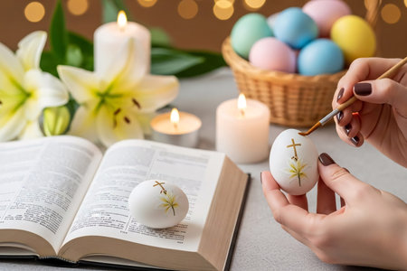 Hands painting Easter eggs with subtle religious motifs, such as crosses and lilies, beside an open Bible, candles, and a basket of pastel-colored eggs in a spiritual setting.の素材