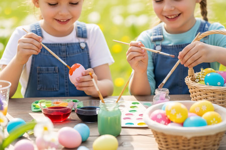Children painting colorful Easter eggs outdoors during a joyful spring picnic, surrounded by blooming flowers, an Easter basket, and painting tools on a wooden table.の素材