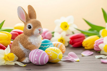 A fluffy bunny figurine beside pastel-painted Easter eggs on a wooden surface, surrounded by blooming flowers and soft petals in a festive spring arrangement.の素材